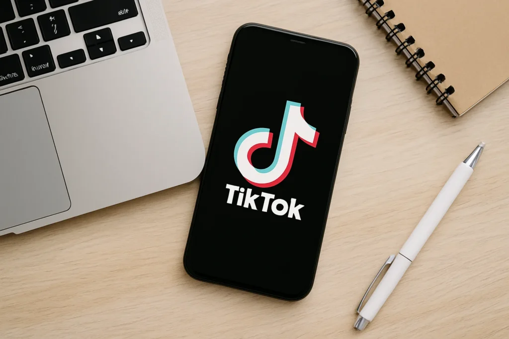 Smartphone affichant TikTok posé sur un bureau, astuces pour abonnés TikTok gratuit
