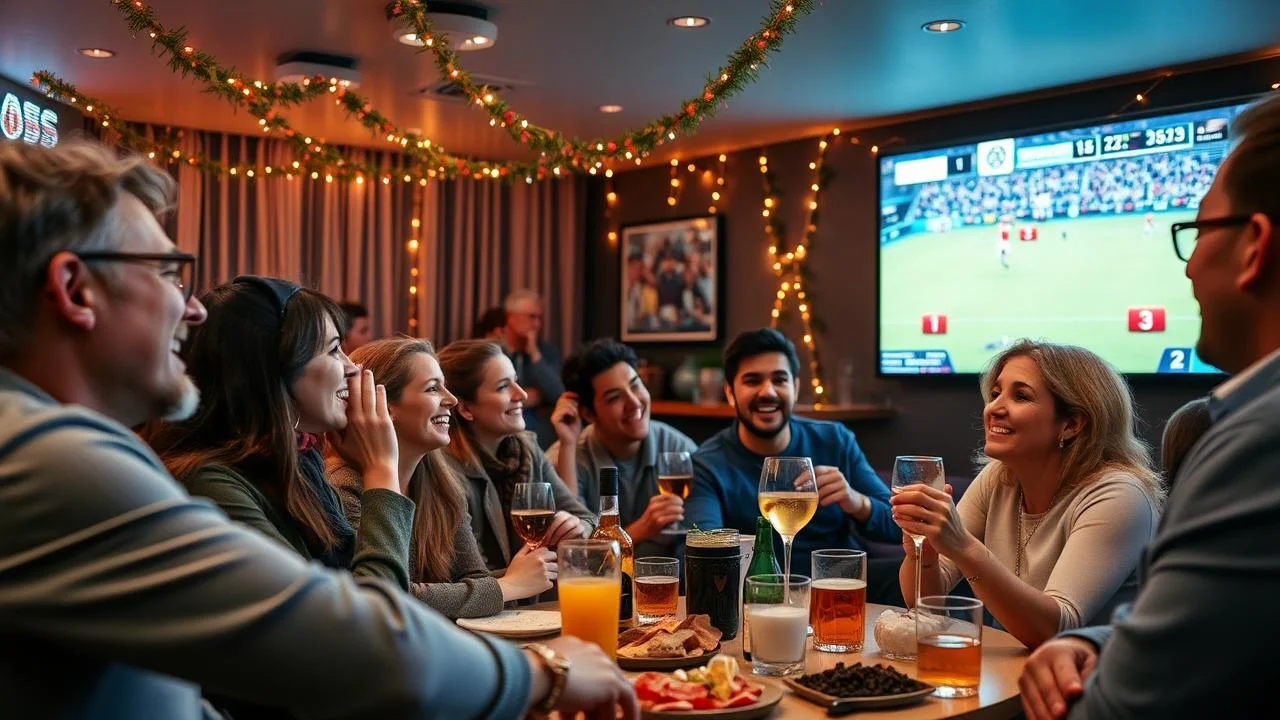 Ambiance dynamique avec des personnes excitantes regardant un match de football sur un grand écran, décorations sportives, boissons et collations sur table, dans un environnement convivial, illustration pour hahasport.