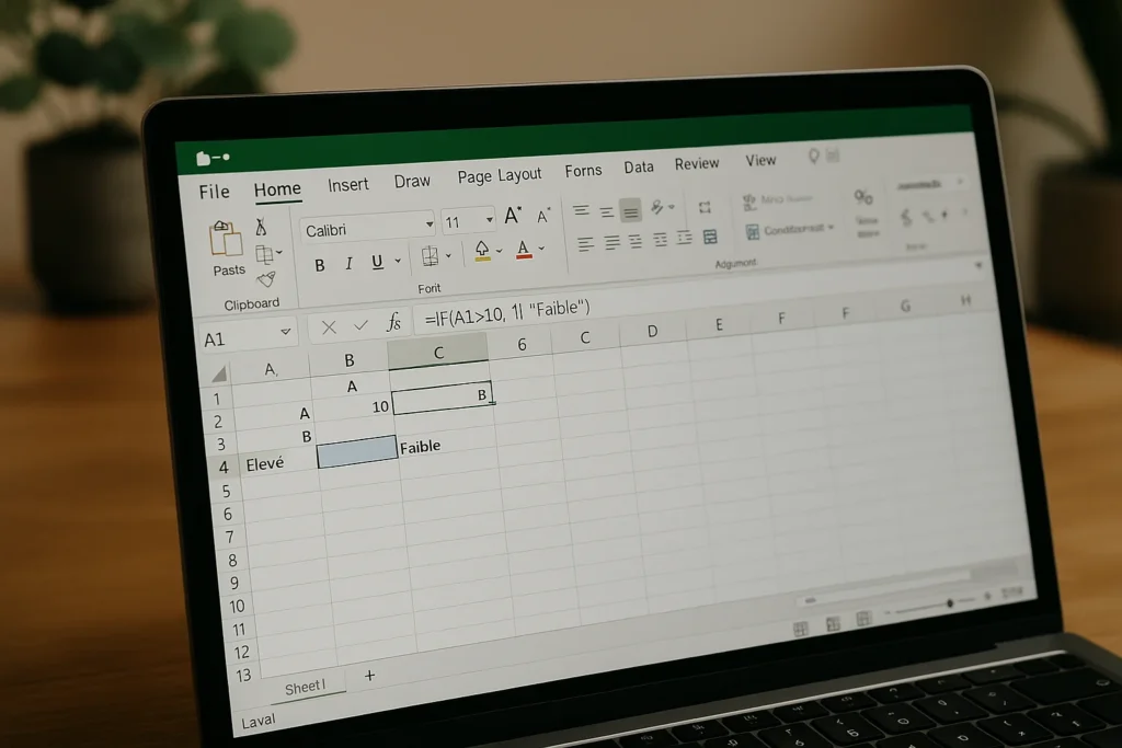 Tableur Excel affichant une formule fonction SI Excel sur un ordinateur portable
