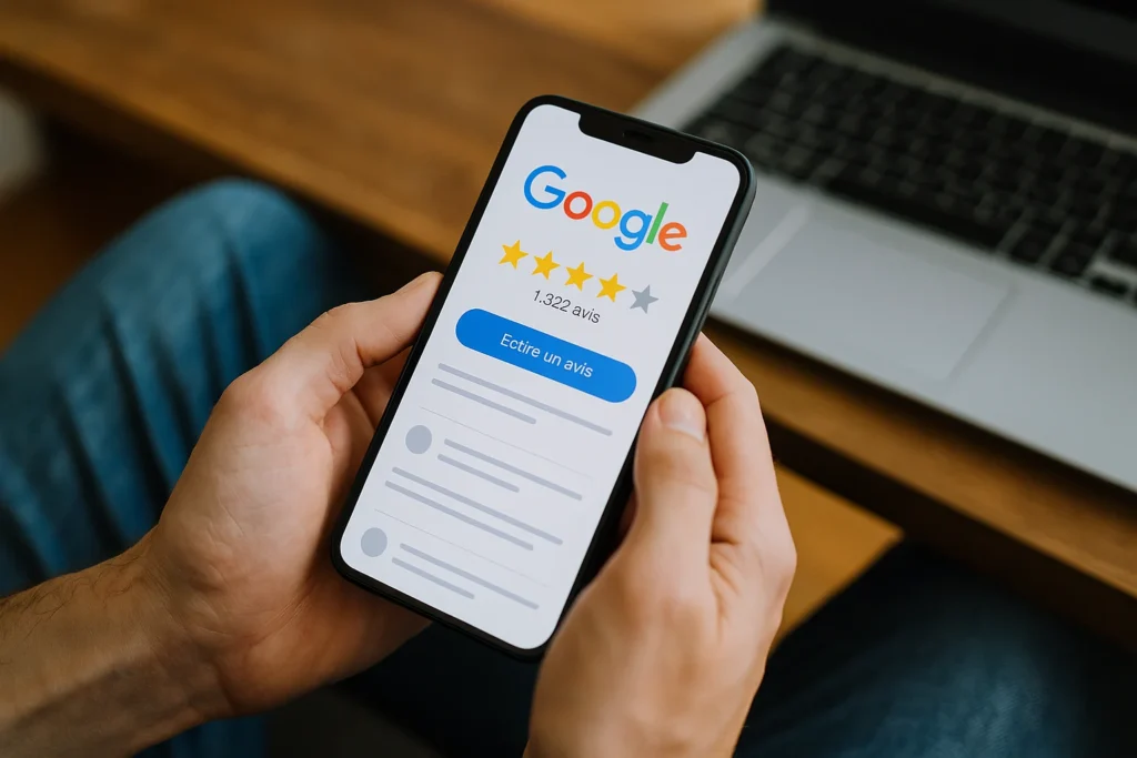 Utilisateur tenant un smartphone affichant une fiche d’avis Google