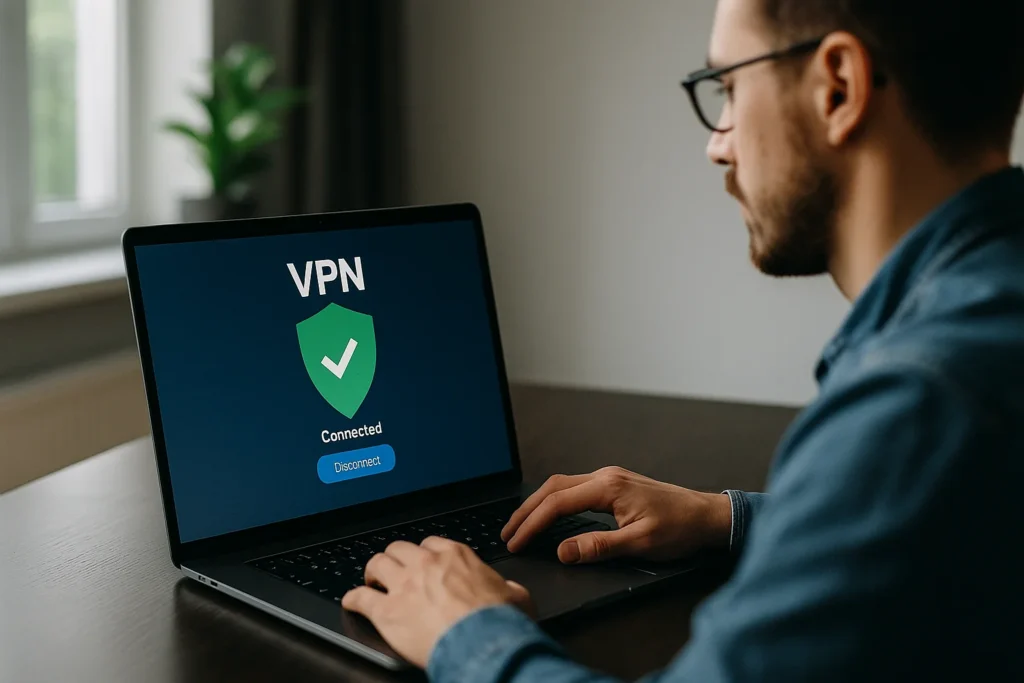 Utilisateur accédant à gozirav en toute sécurité avec un VPN sur son ordinateur portable.