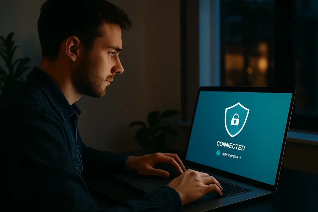 Jeune homme utilisant gozirav de nuit, protégé par un VPN, dans une ambiance sécurisée.