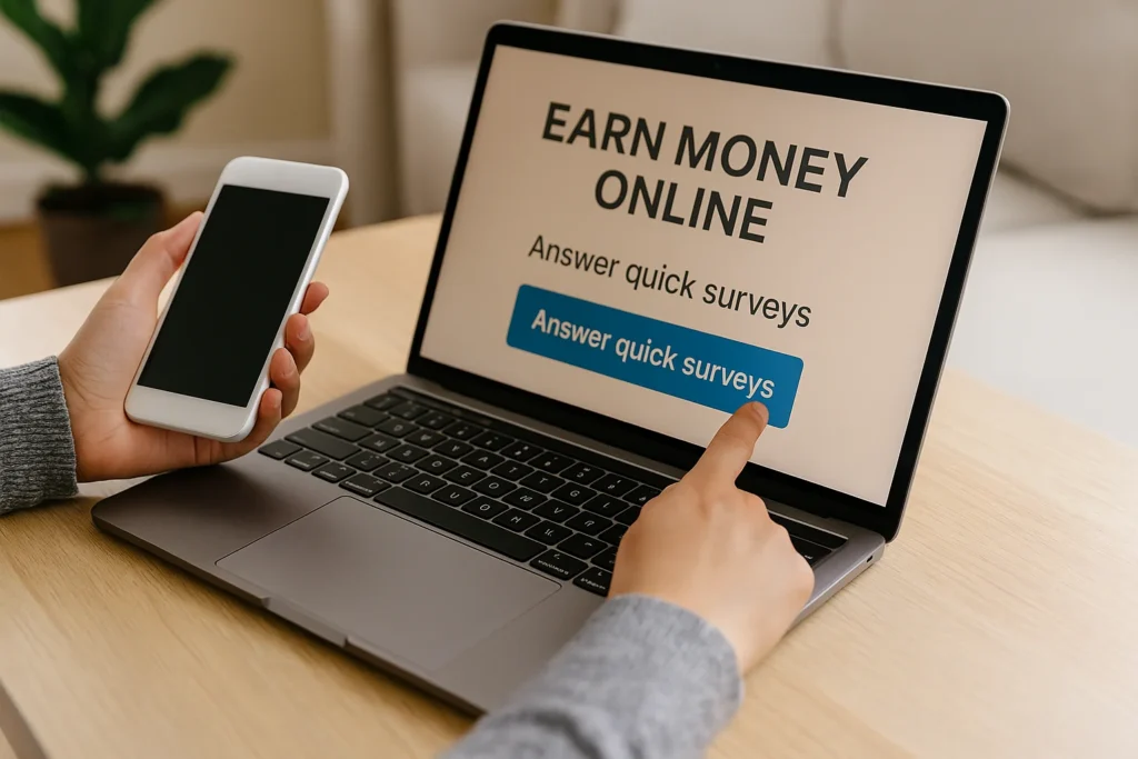 Homme utilisant un ordinateur pour compléter un sondage en ligne – meilleur site de sondage rémunéré PayPal
