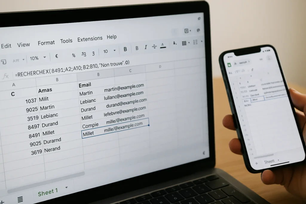 Ordinateur portable et smartphone affichant une feuille Google Sheets avec la fonction recherchex google sheet appliquée