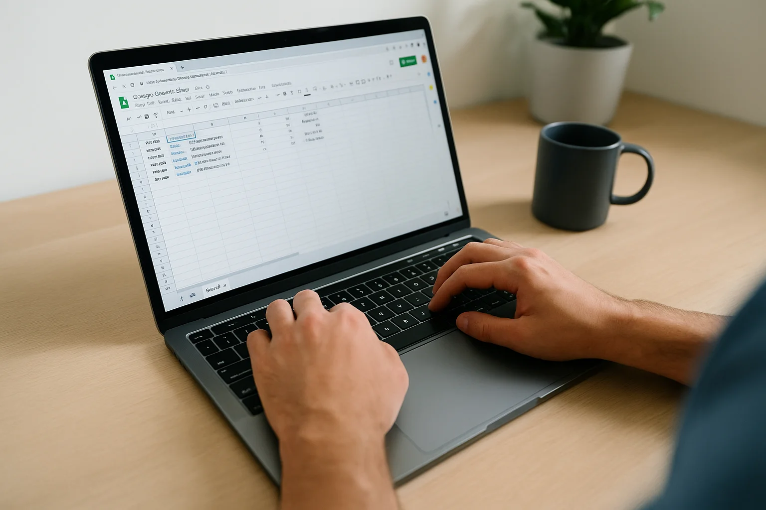 Personne travaillant sur un Google Sheet avec données clients et formules recherchex google sheet