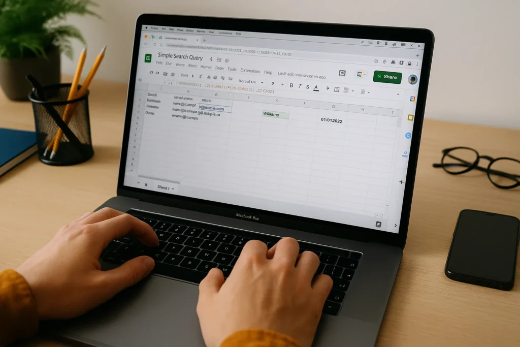 Utilisateur tapant sur un MacBook affichant une feuille de calcul Google Sheets avec recherchex google sheet
