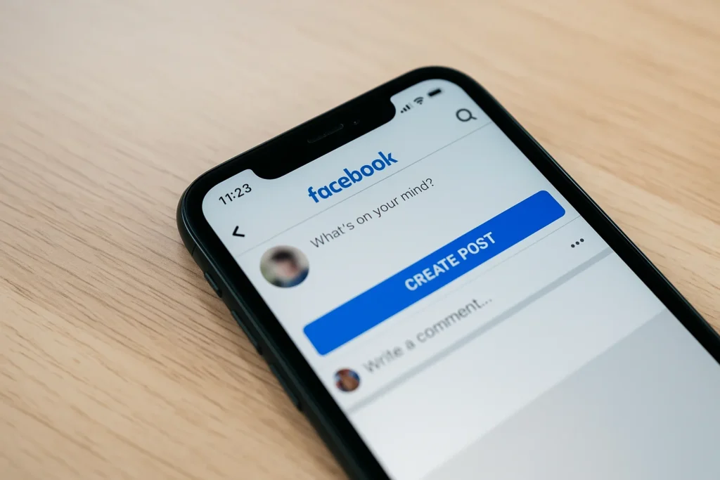 Smartphone affichant l’écran de création de publication sur Facebook