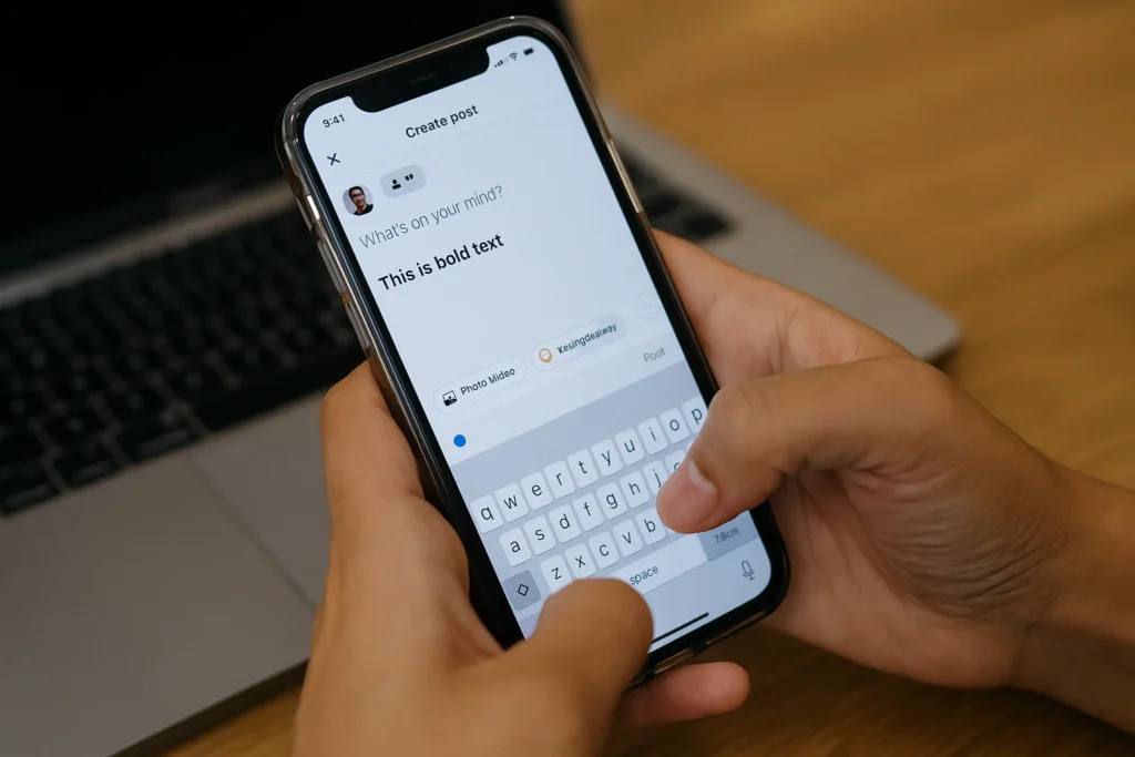 Utilisateur tapant une publication sur Facebook depuis un iPhone